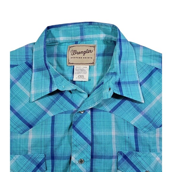 Wrangler Other - Wrangler Western Shirt Mens XL Teal Blue Plaid Pearl Snap Short Sleeve